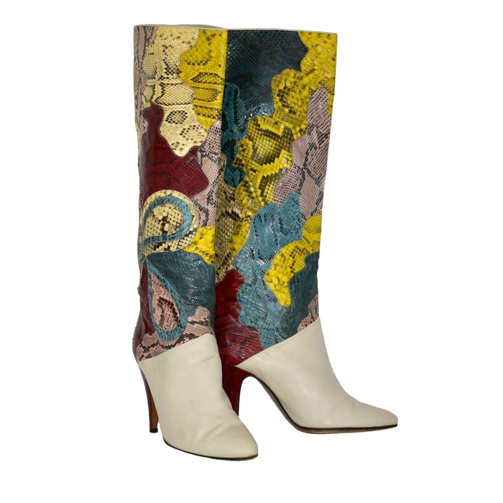 B6 Auth BIONDINI Vintage Snakeskin Multicolor Patchwork Knee Hi Boot Shoes Sz 7